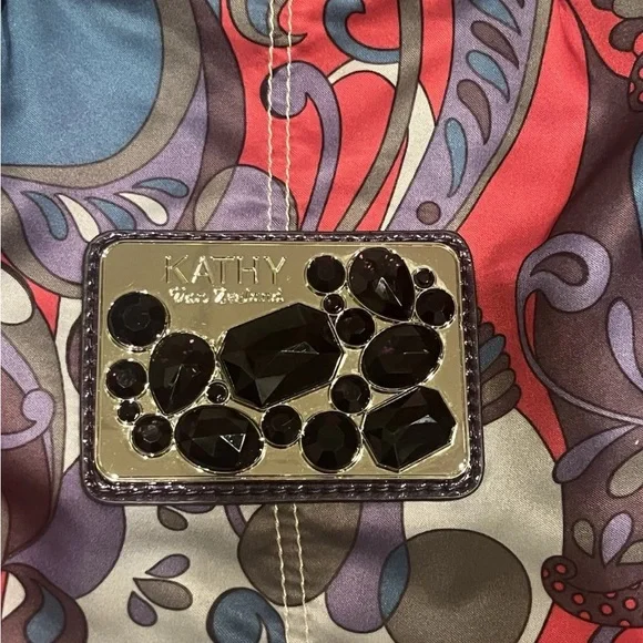 Kathy Van Zeeland Y2K Hobo Boho Red Black Purple Floral Fabric Gem Accents Bag - Picture 2 of 10